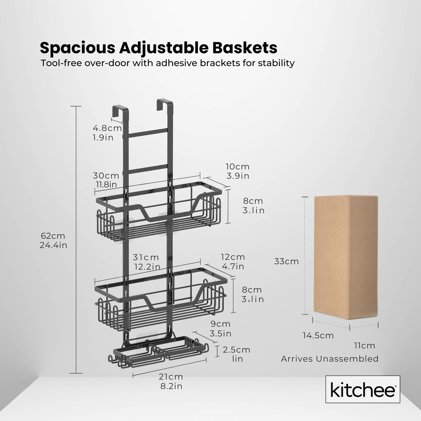 Kitchee 3-Tier Shower Caddy - Over Door Storage Rack, Black