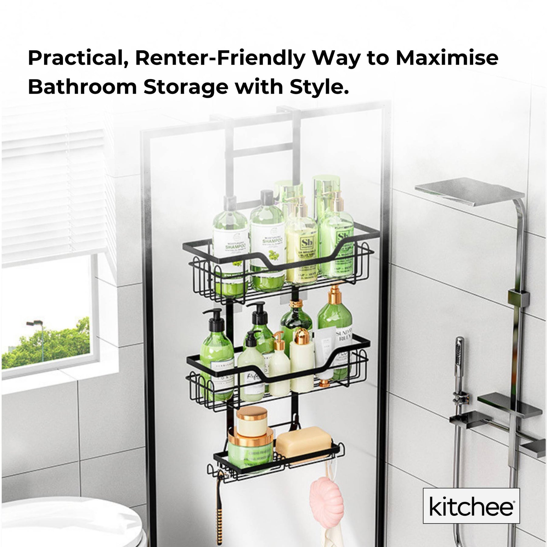 Kitchee 3-Tier Shower Caddy - Over Door Storage Rack, Black - SuperSaverAU - view 6