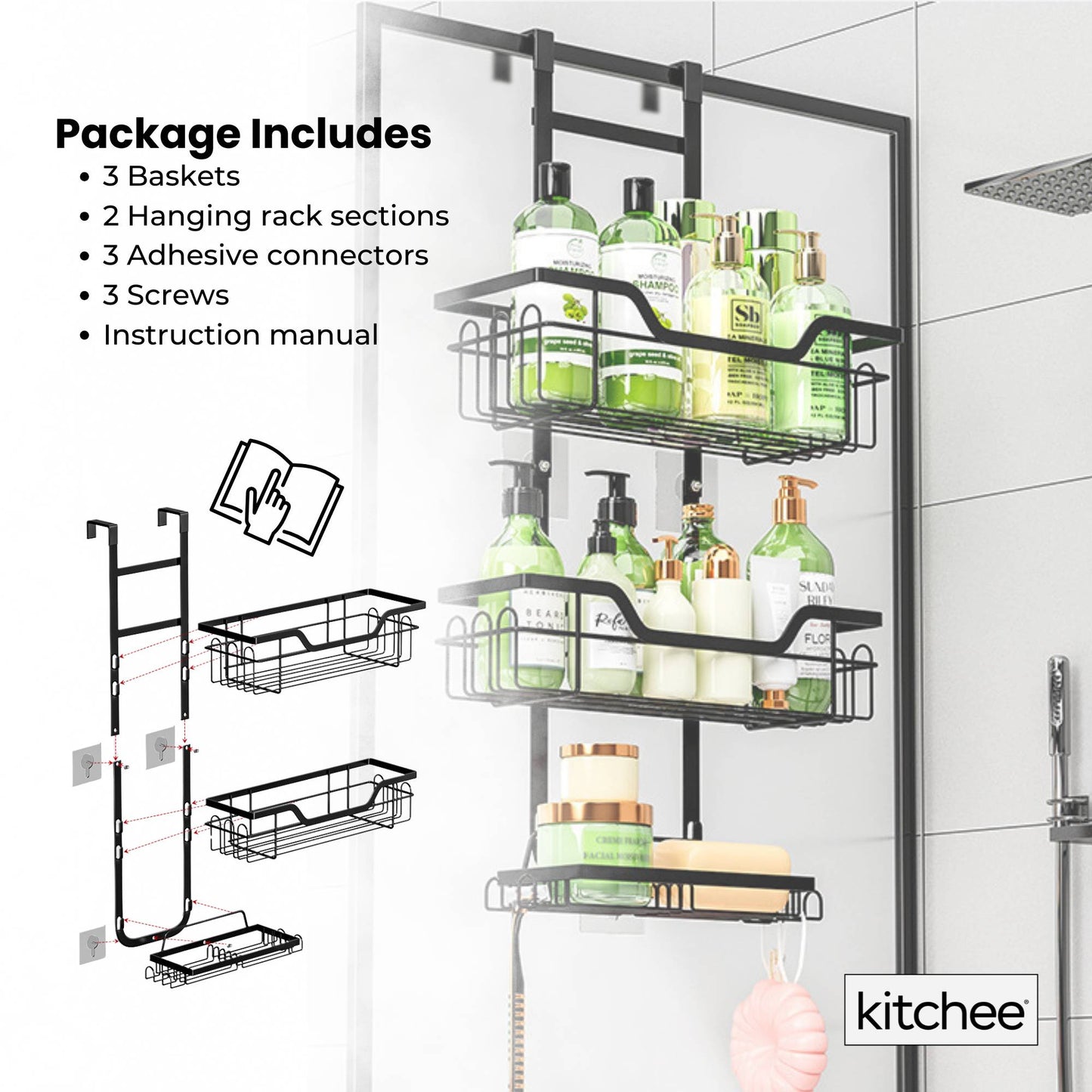 Kitchee 3-Tier Shower Caddy - Over Door Storage Rack, Black