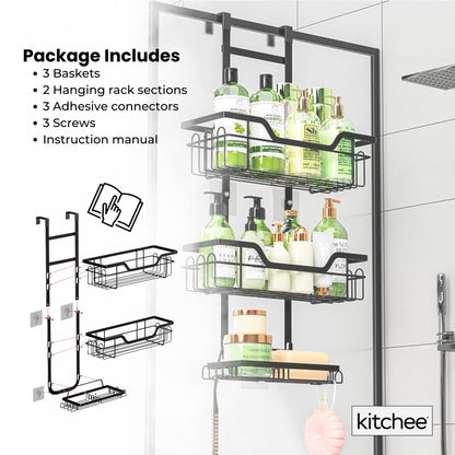 Kitchee 3-Tier Shower Caddy - Over Door Storage Rack, Black