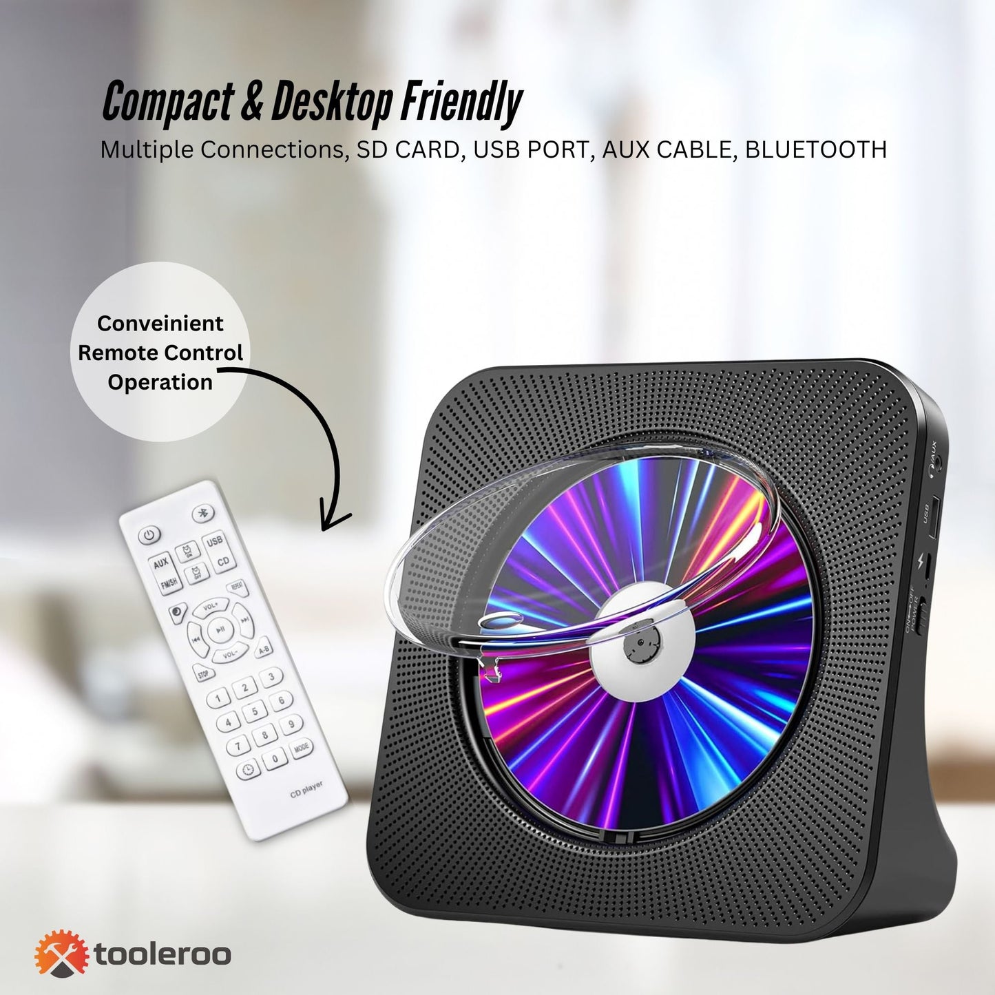 Tooleroo USB Rechargeable Bluetooth CD Player Speaker - Portable Black