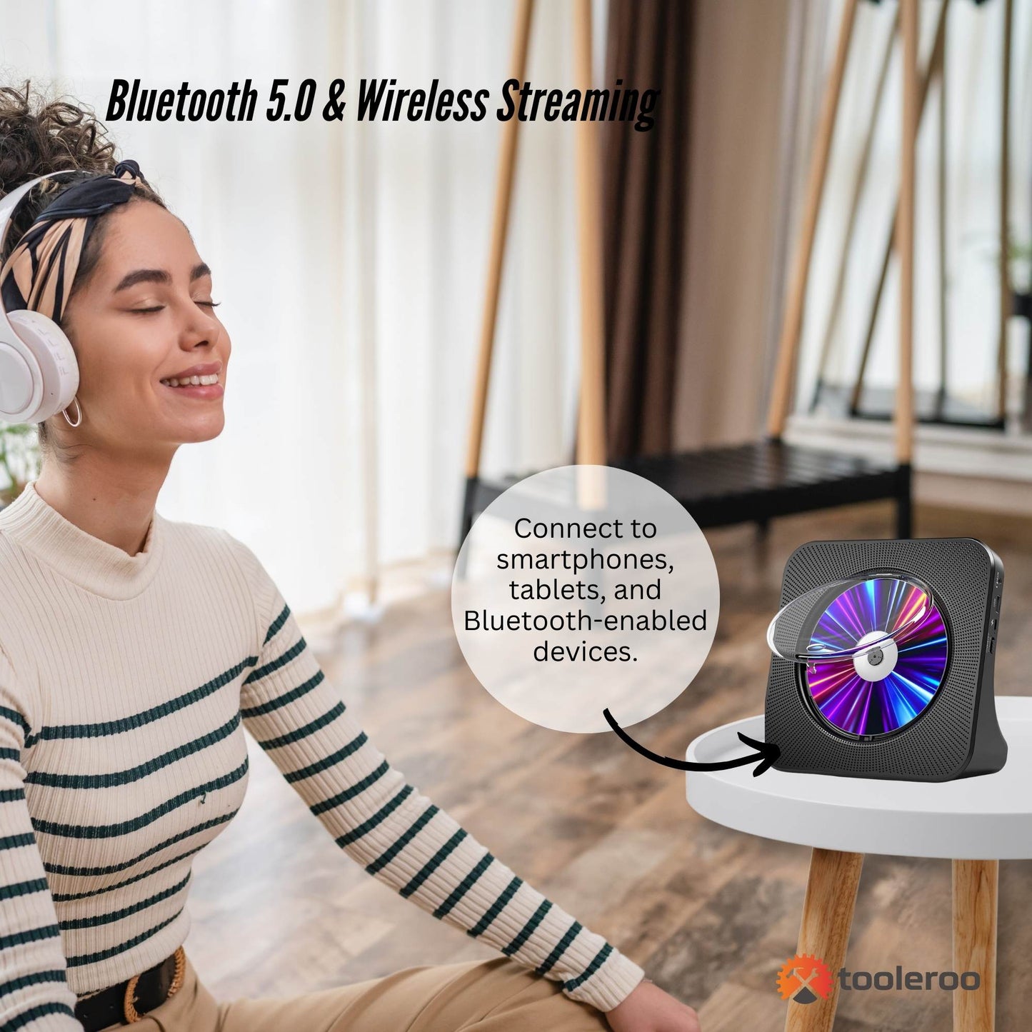 Tooleroo USB Rechargeable Bluetooth CD Player Speaker - Portable Black