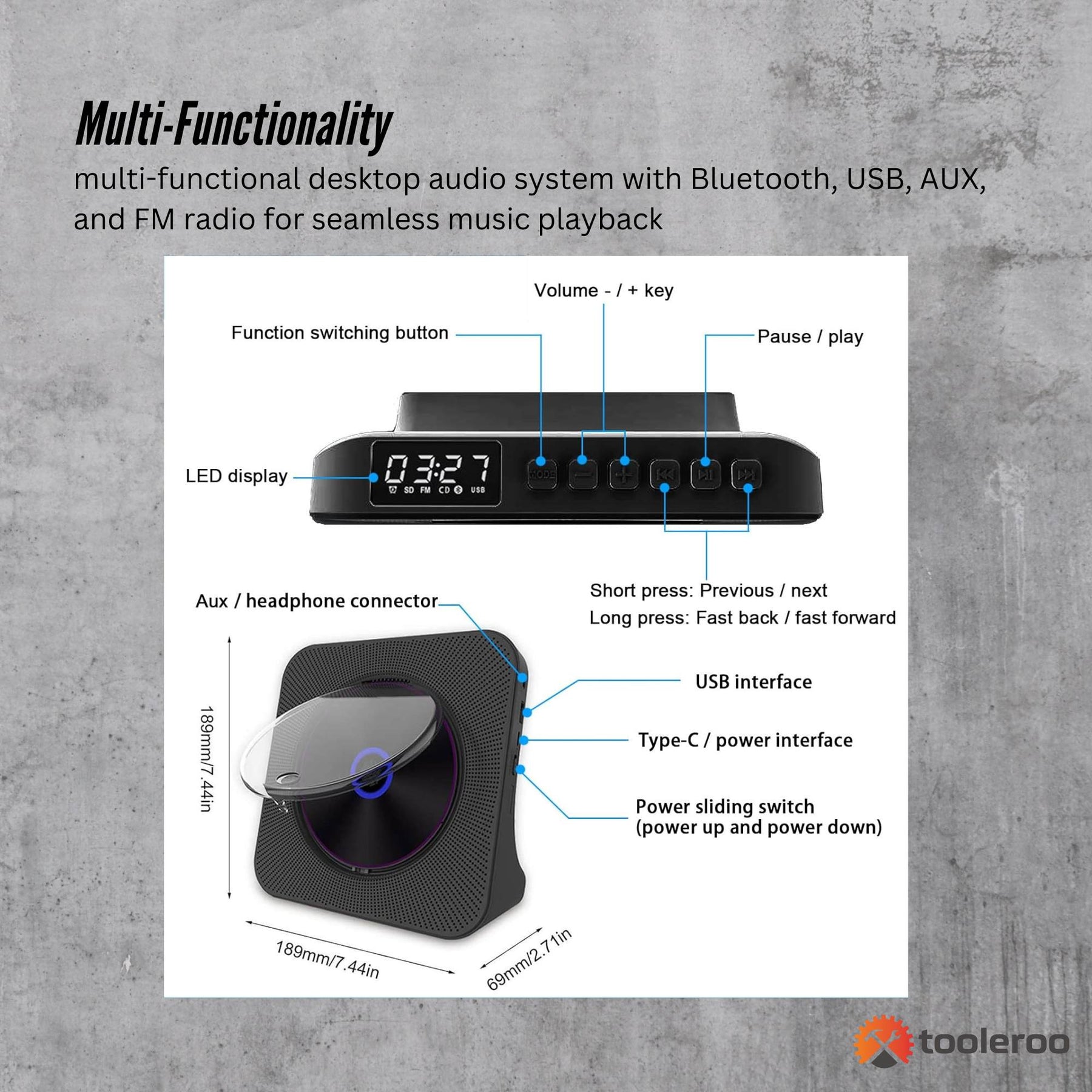 Tooleroo Bluetooth Portable Desktop CD Player Speaker - Black