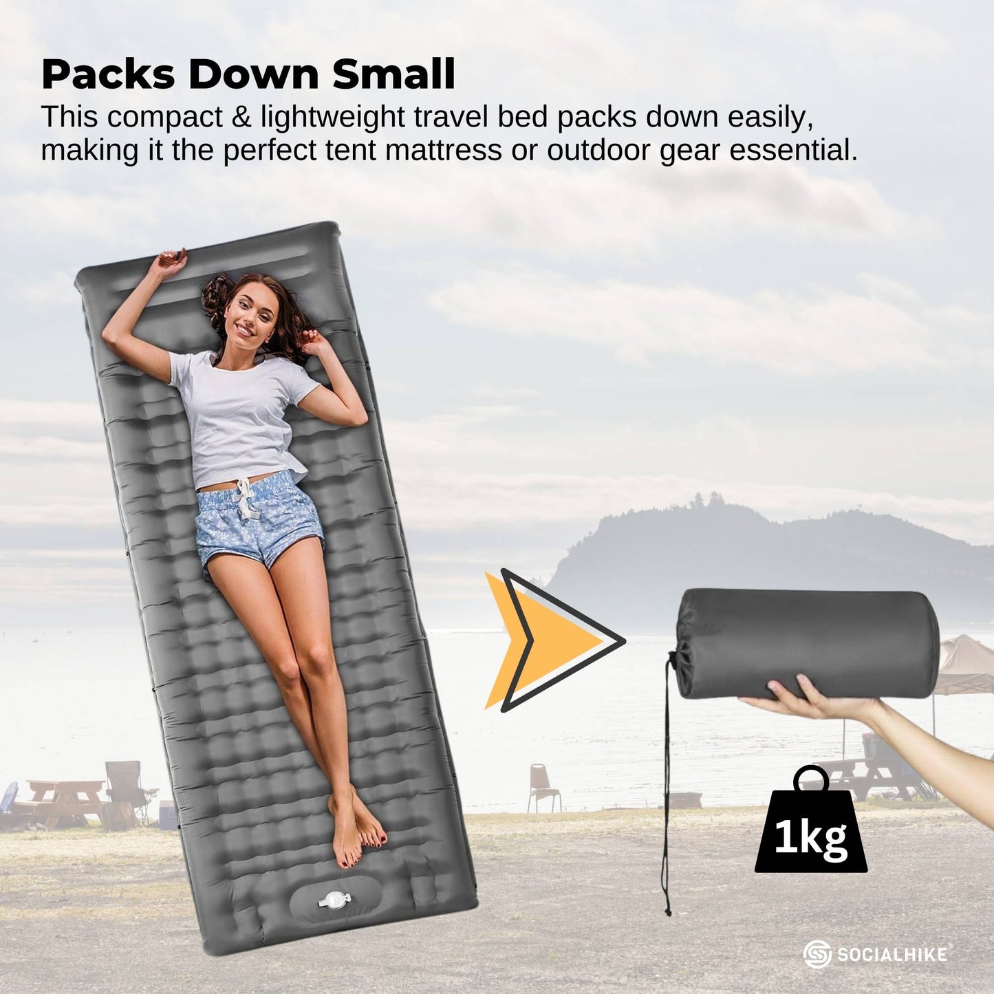 Social Hike Step-Inflating Camping Mattress - Lightweight Waterproof Grey