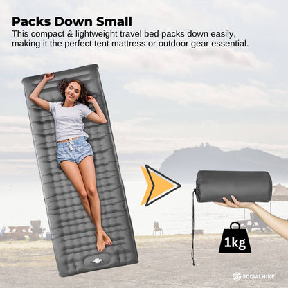 Social Hike Step-Inflating Camping Mattress - Lightweight Waterproof Grey