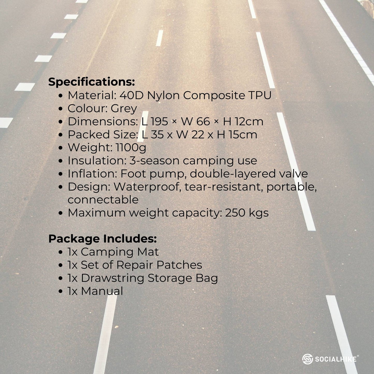 Social Hike Step-Inflating Camping Mattress - Lightweight Waterproof Grey