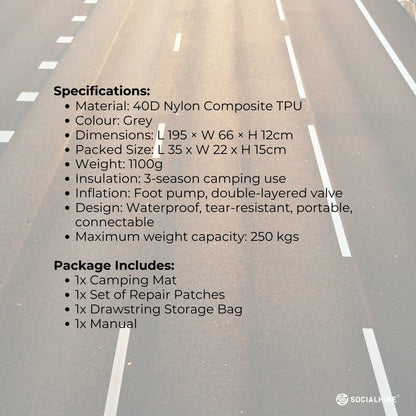 Social Hike Step-Inflating Camping Mattress - Lightweight Waterproof Grey