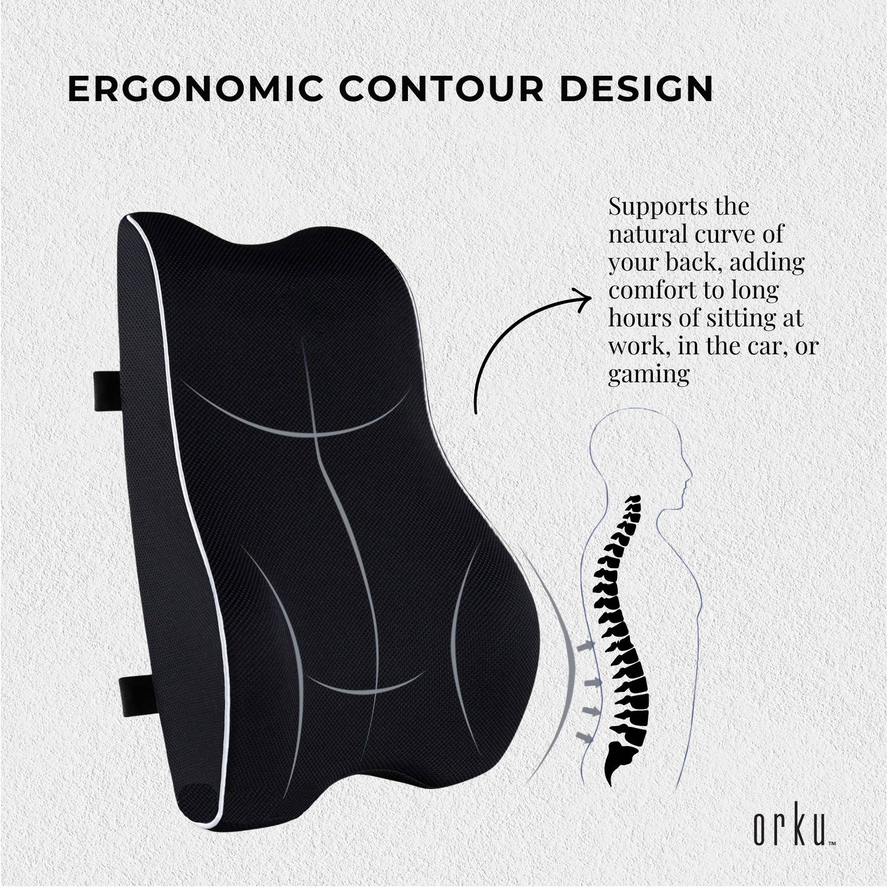 Orku Ergonomic Lumbar Support Cushion - Memory Foam, 43x40x11 cm, Portable, Washable - SuperSaverAU - view 3