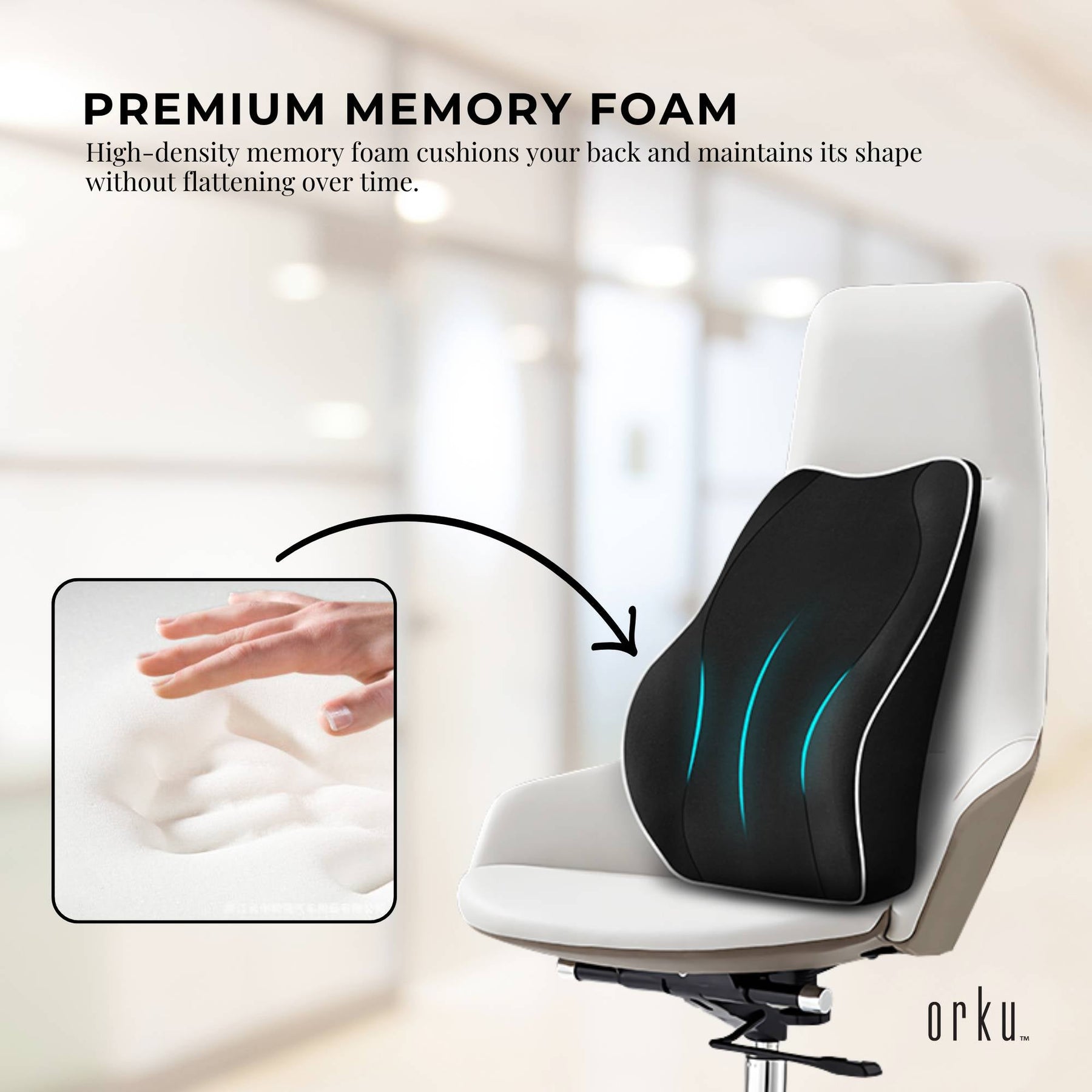 Orku Ergonomic Lumbar Support Cushion - Memory Foam, 43x40x11 cm, Portable, Washable - SuperSaverAU - view 4