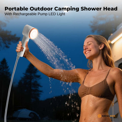 Social Hike Portable Camping Shower - Rechargeable, LED Light, 2m Hose, IPX6 - SuperSaverAU - view 2