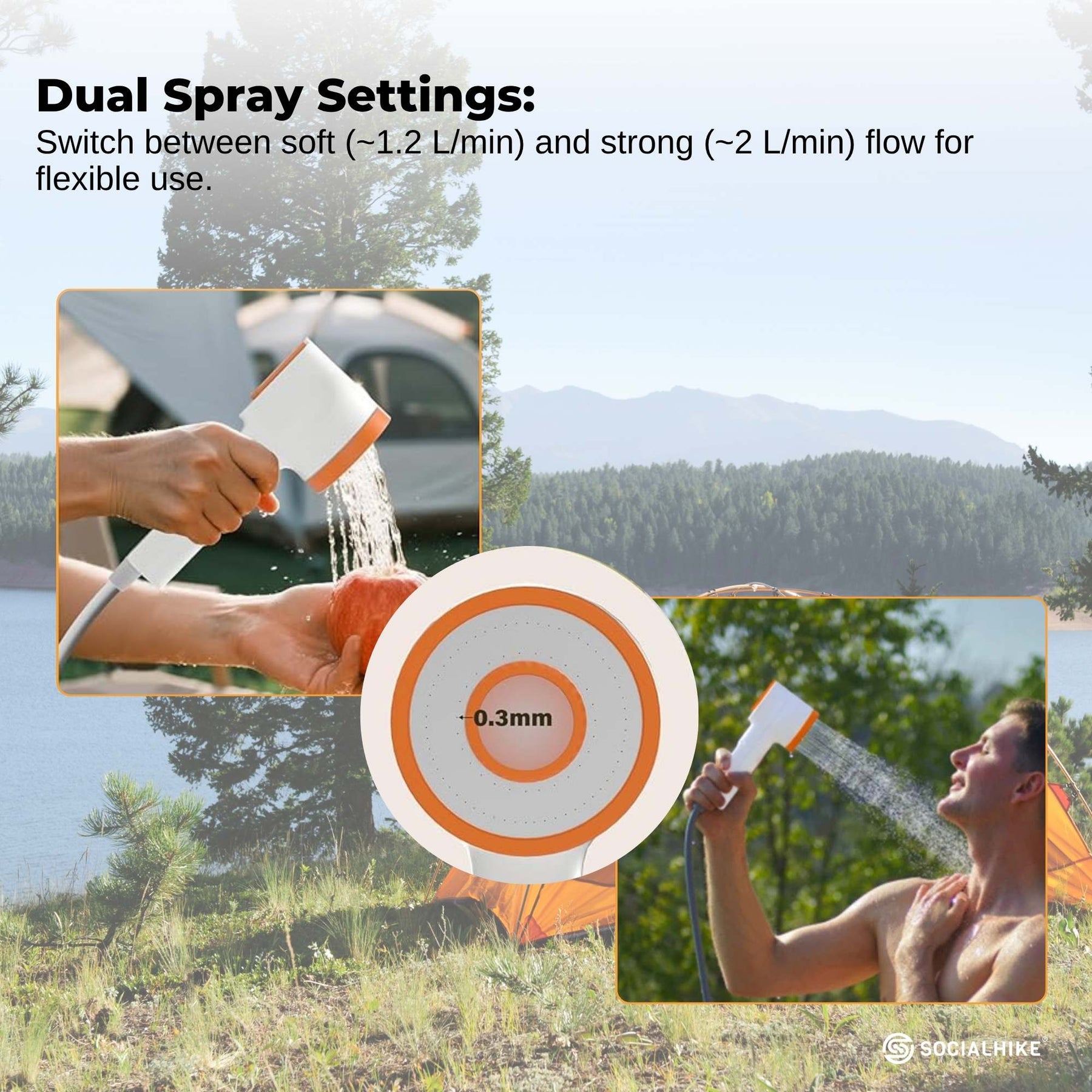 Social Hike Portable Camping Shower - Rechargeable, LED Light, 2m Hose, IPX6 - SuperSaverAU - view 3