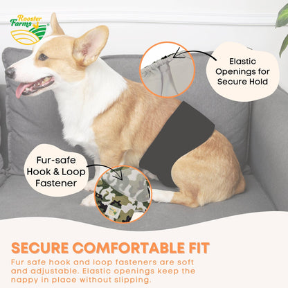 Rooster Farms Male Dog Diapers Small 3Pk - Washable Reusable Nappies Hook/Loop