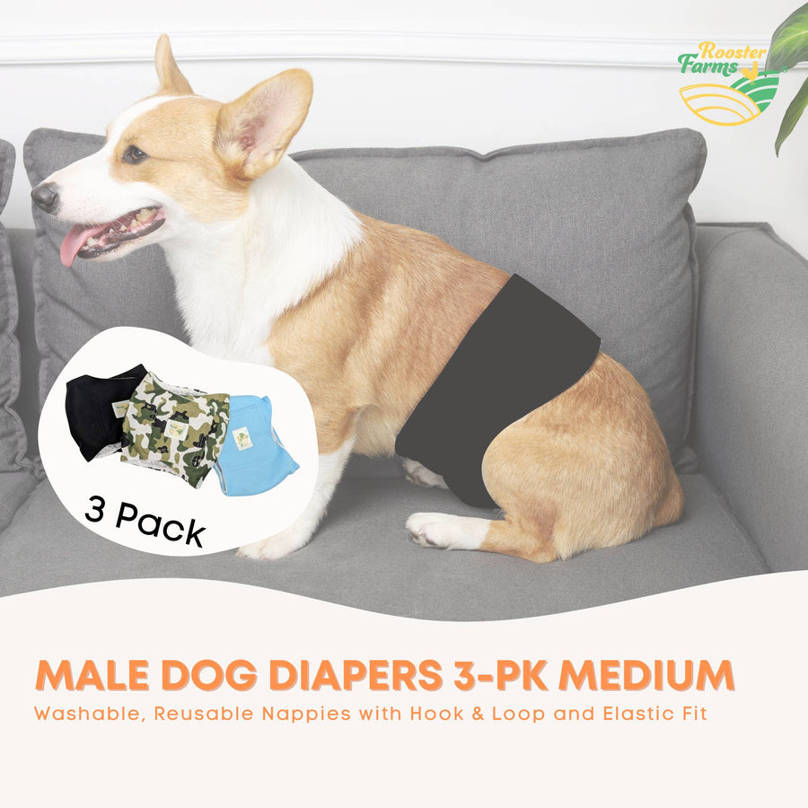 Rooster Farms Male Dog Diapers Medium 3-Pk Washable Reusable Nappies - SuperSaverAU - view 1