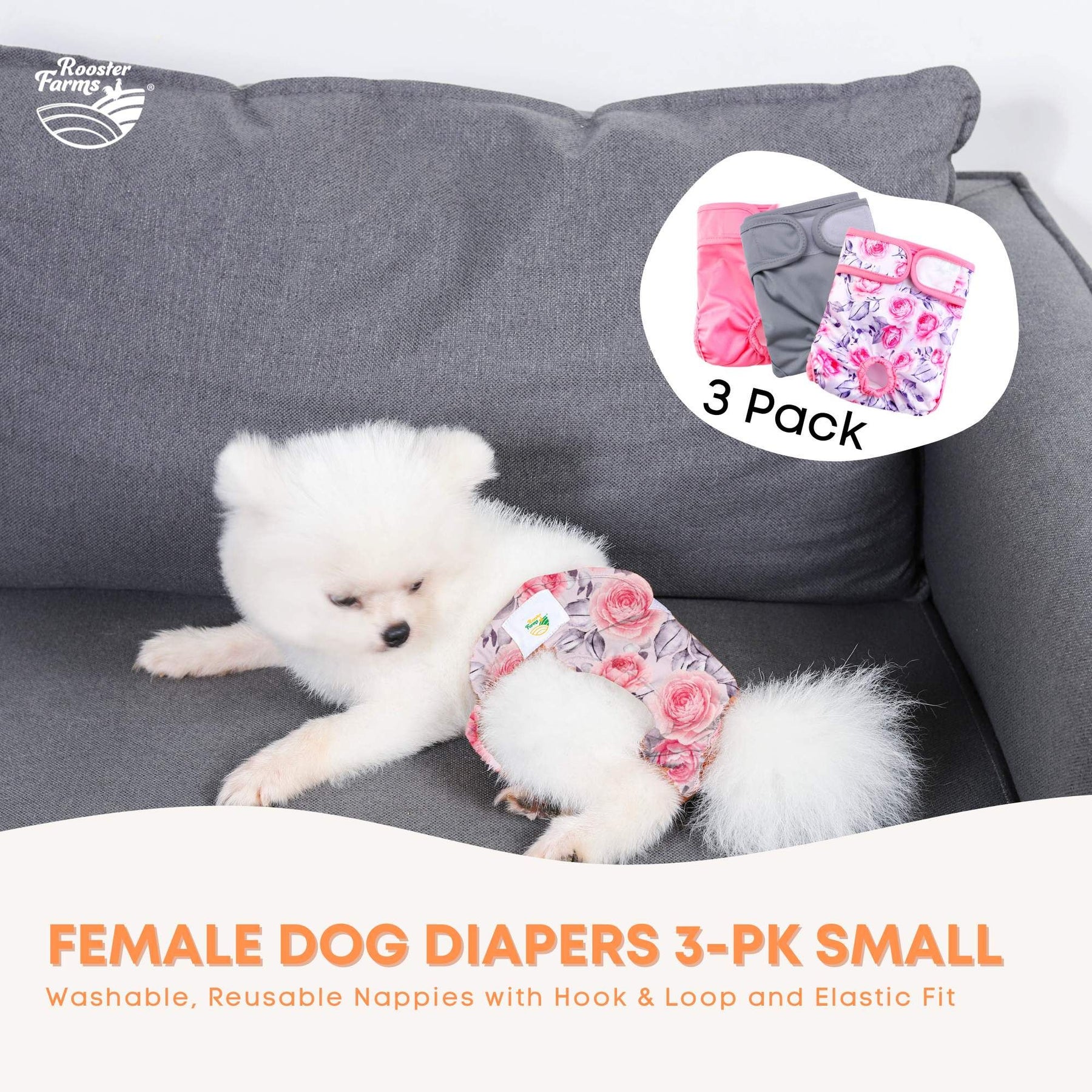 Rooster Farms Female Dog Diapers Small 3Pk Washable Reusable Nappies