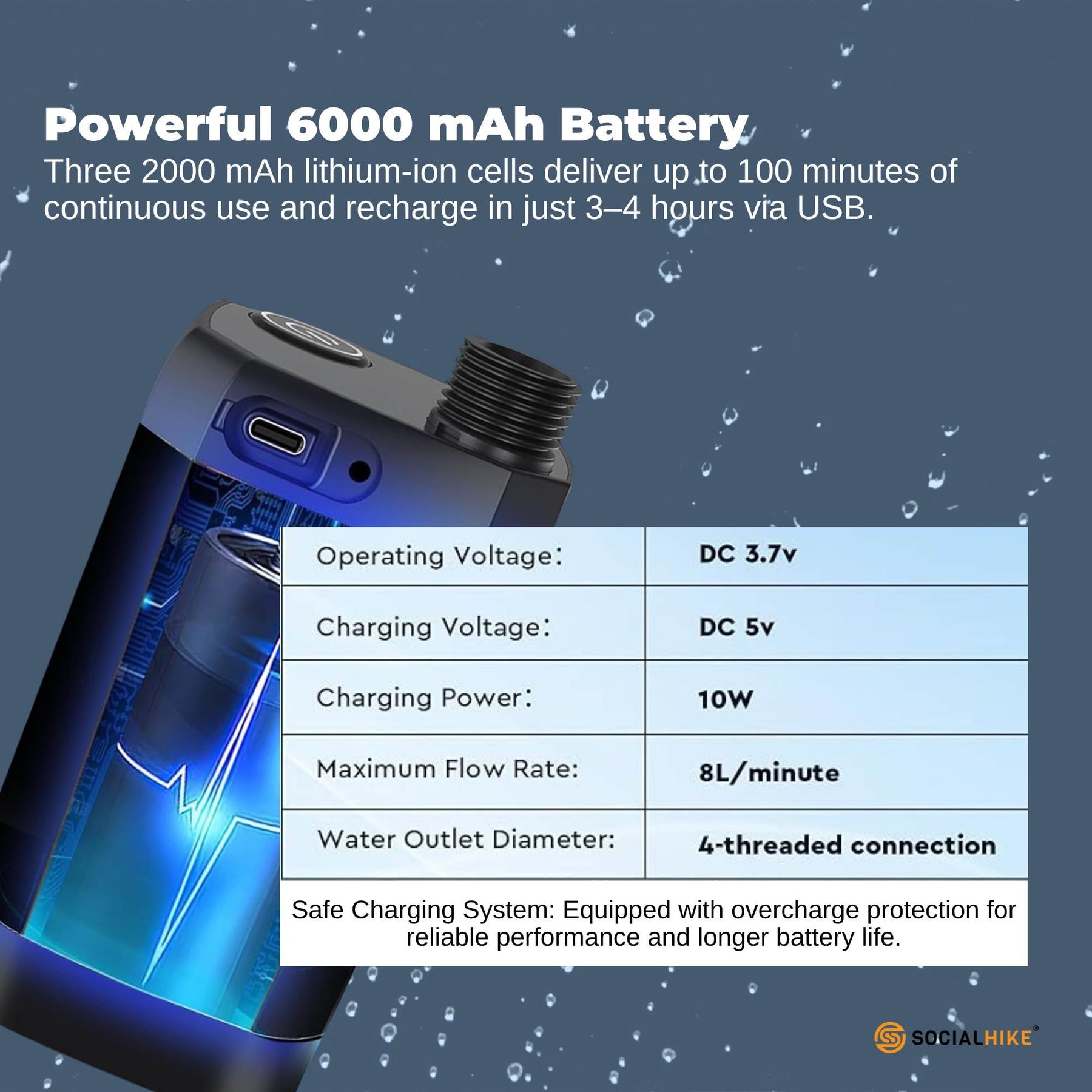 Social Hike Portable Camping Shower Kit - 6000mAh Rechargeable Pump, LED Display - SuperSaverAU - view 4