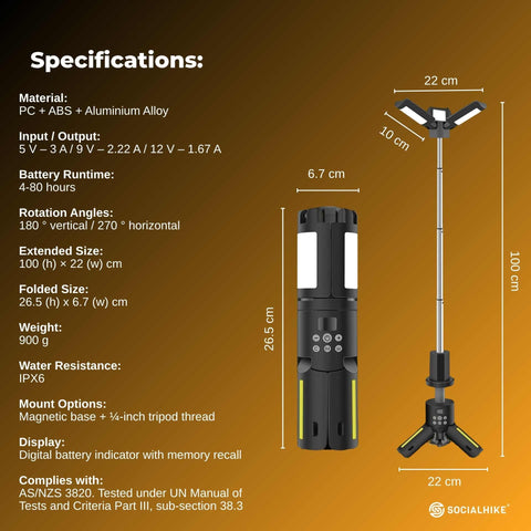 Social Hike Rechargeable Telescopic Camping Light 100cm, 20W Power Bank, IPX6 - SuperSaverAU - view 2