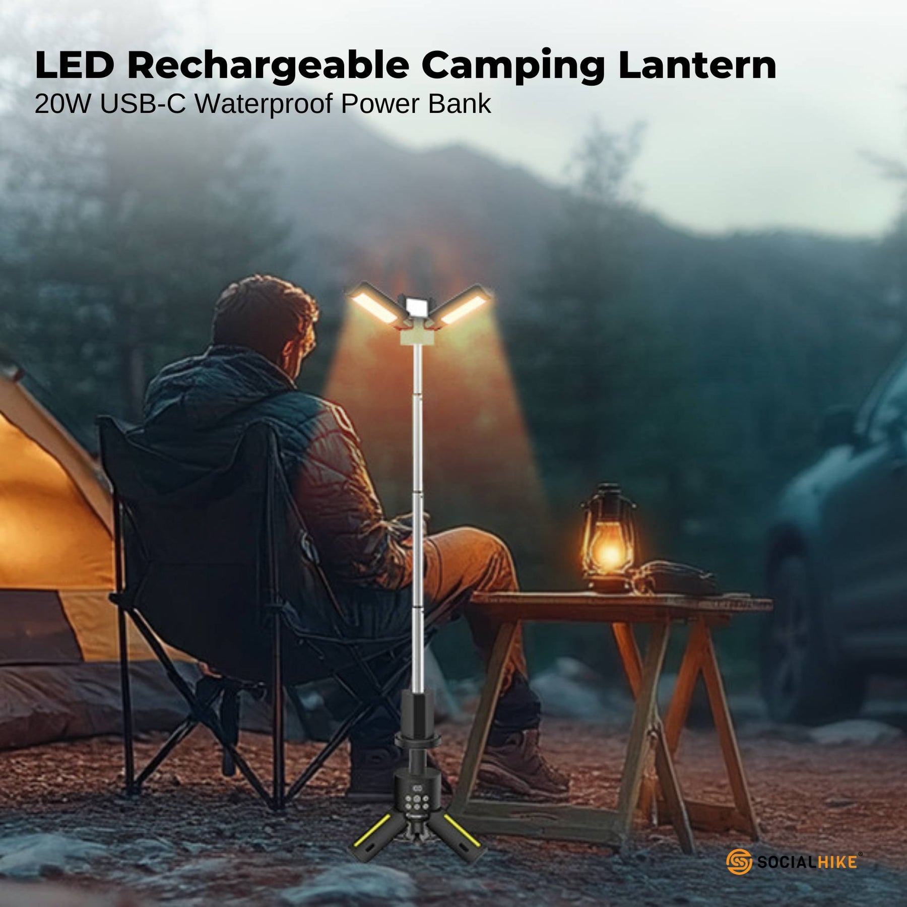 Social Hike Rechargeable Telescopic Camping Light 100cm, 20W Power Bank, IPX6 - SuperSaverAU - view 3