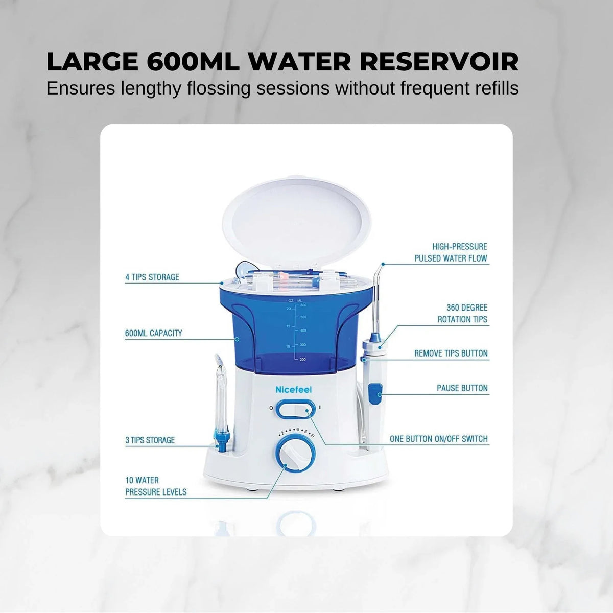 600ml Electric Dental Water Flosser Teeth Irrigator 10 Pressure Settings 7 Tips