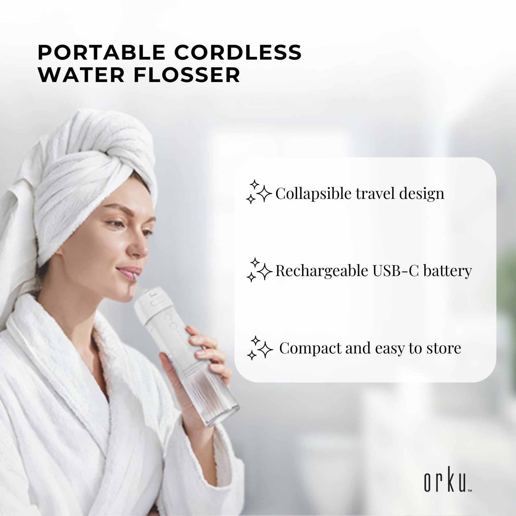 Orku Mini Rechargeable Water Flosser 180ml Travel Oral Irrigator USB-C
