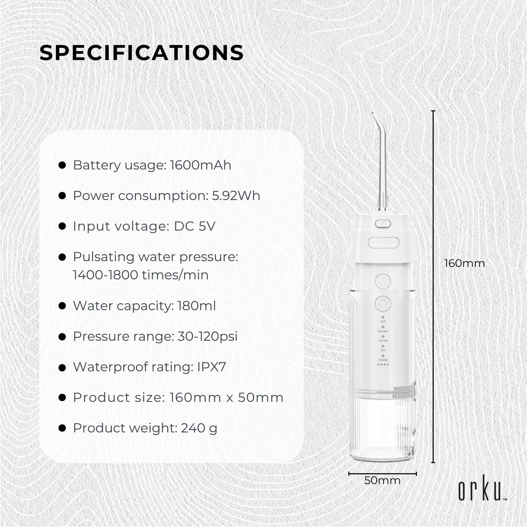 Orku Mini Rechargeable Water Flosser 180ml Travel Oral Irrigator USB-C