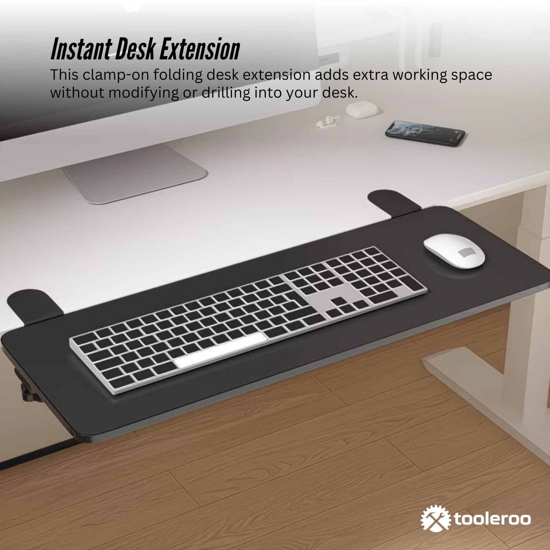 Tooleroo Folding Tray Desk Extender – Black Clamp-On Shelf 65 x 24cm