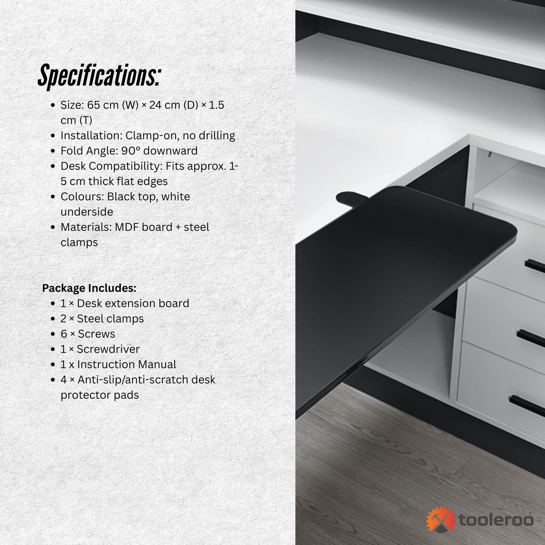 Tooleroo Folding Tray Desk Extender – Black Clamp-On Shelf 65 x 24cm