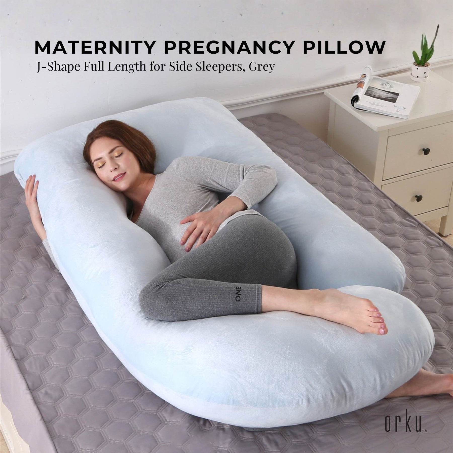 Orku Maternity Pregnancy Pillow – Grey J-Shape Full Body Support