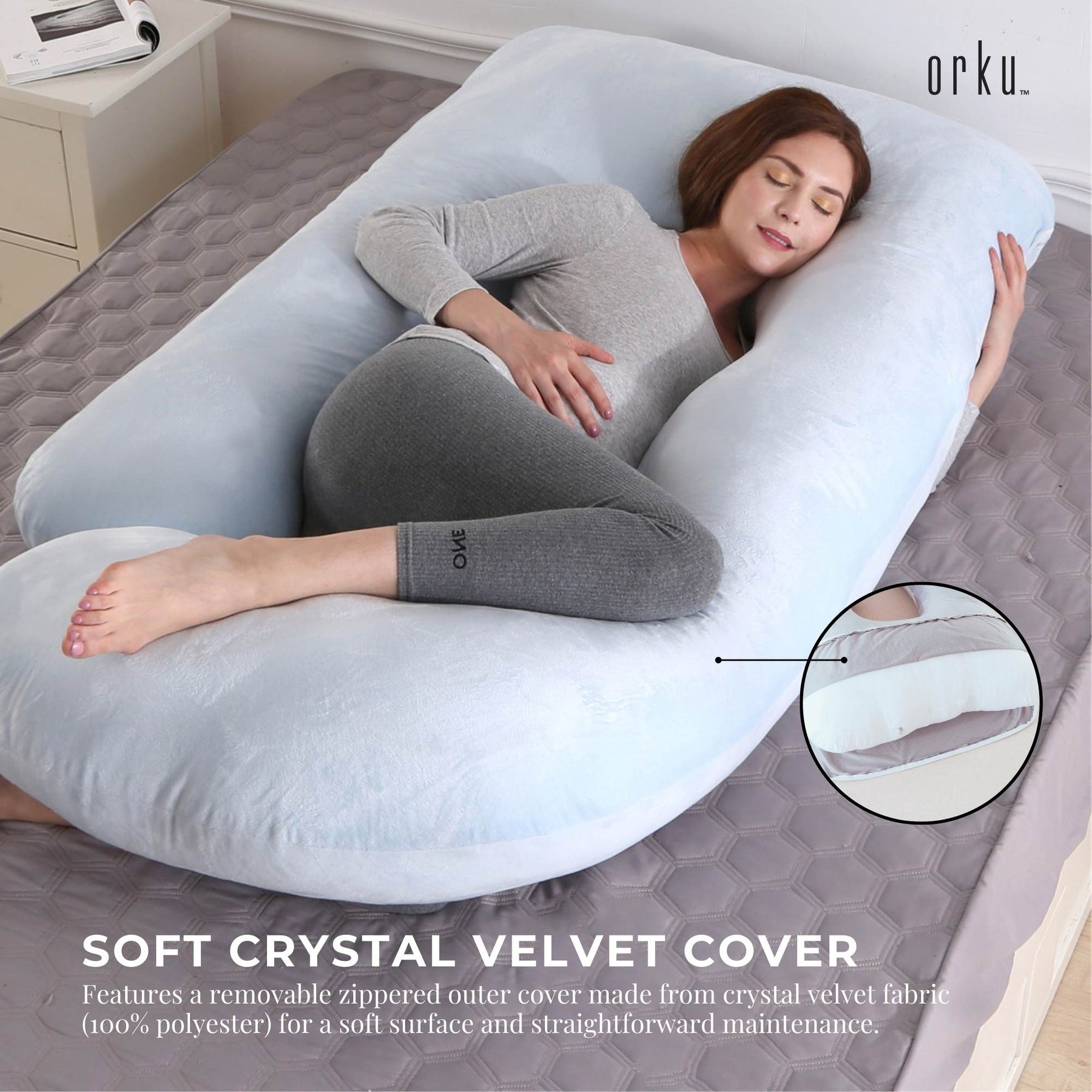 Orku Maternity Pregnancy Pillow – Grey J-Shape Full Body Support