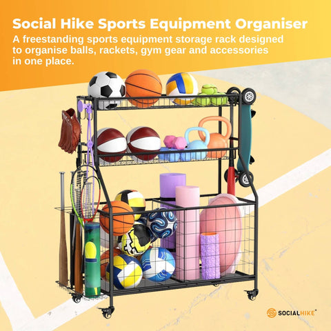 Social Hike Sports Equipment Storage Organiser Trolley with Wheels - Black