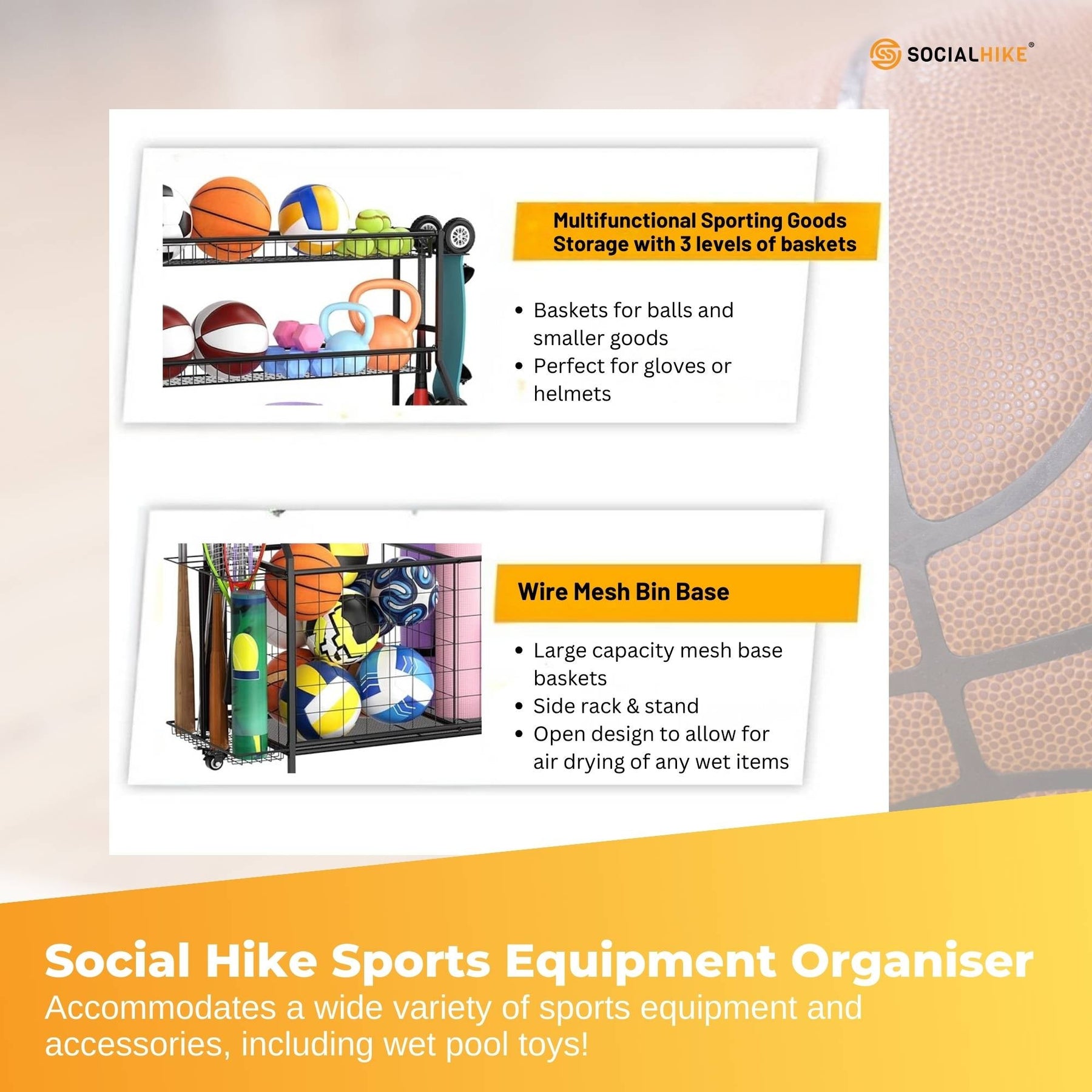 Social Hike Sports Equipment Storage Organiser Trolley with Wheels - Black
