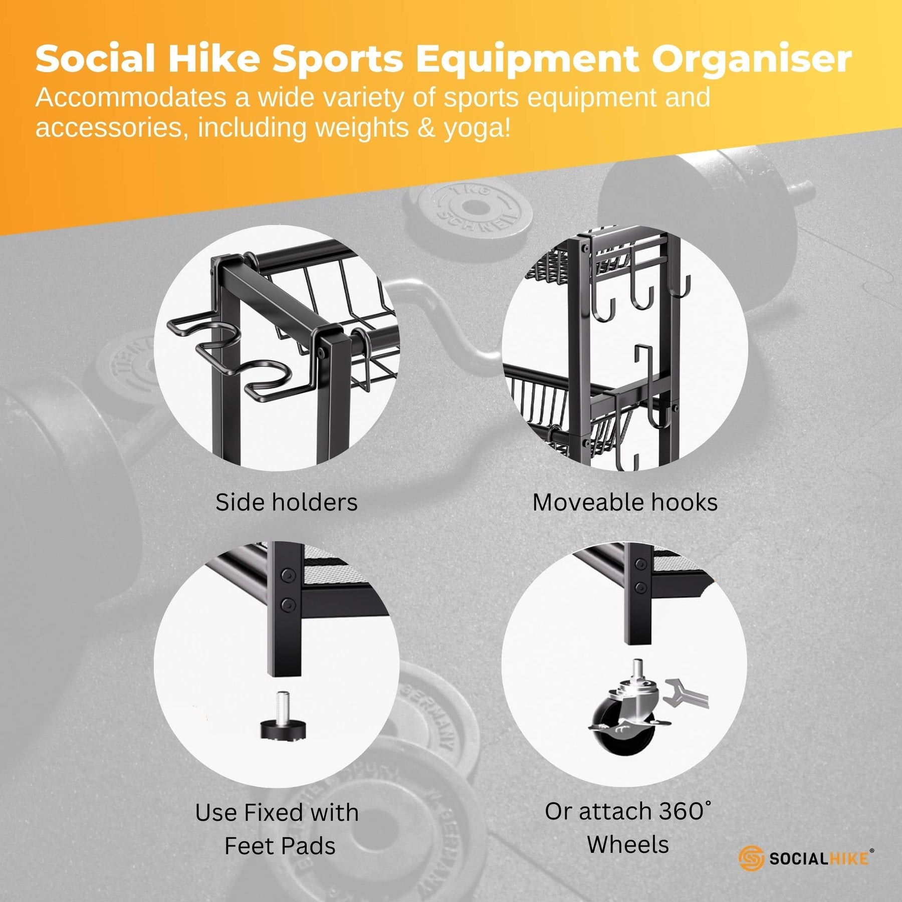 Social Hike Sports Equipment Storage Organiser Trolley with Wheels - Black