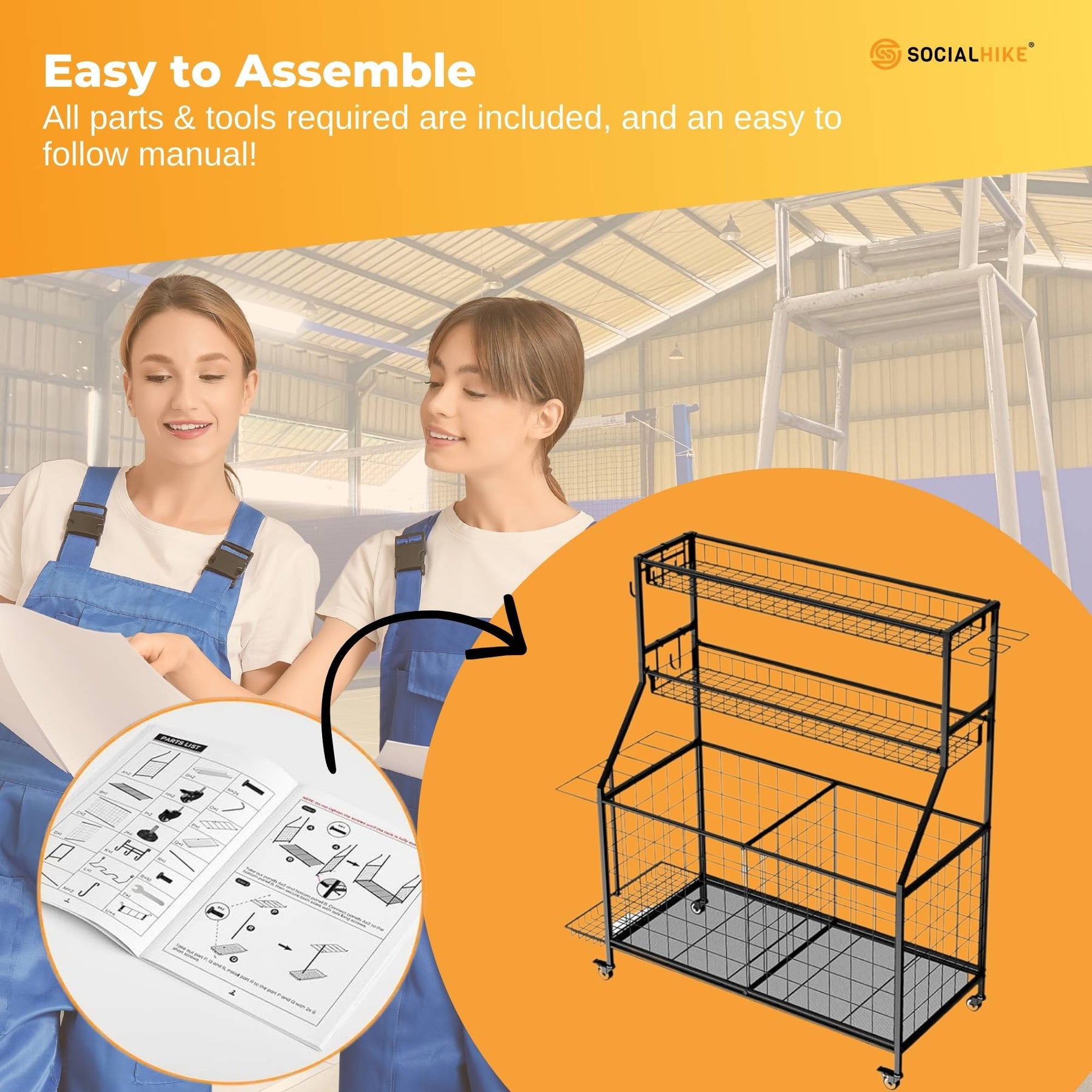 Social Hike Sports Equipment Storage Organiser Trolley with Wheels - Black