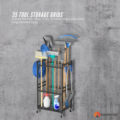 Tooleroo Rolling Garden Tool Organiser Rack with 35 Storage Grids - Black