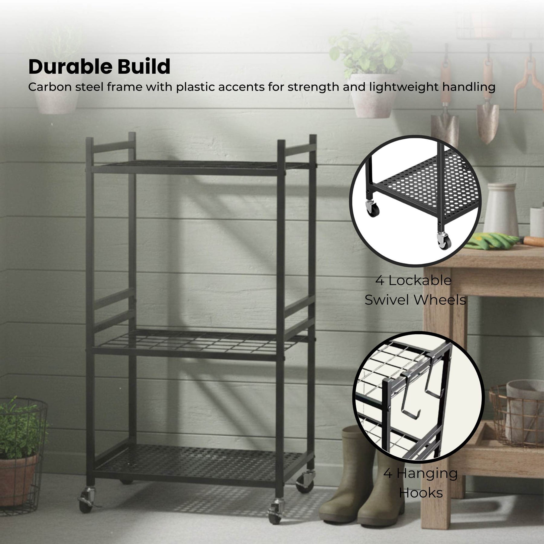 Tooleroo Rolling Garden Tool Organiser Rack with 35 Storage Grids - Black