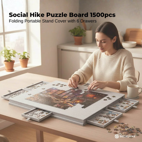 Social Hike 1500 Piece Felt Tilting Puzzle Board Silver with Cover and 6 Drawers