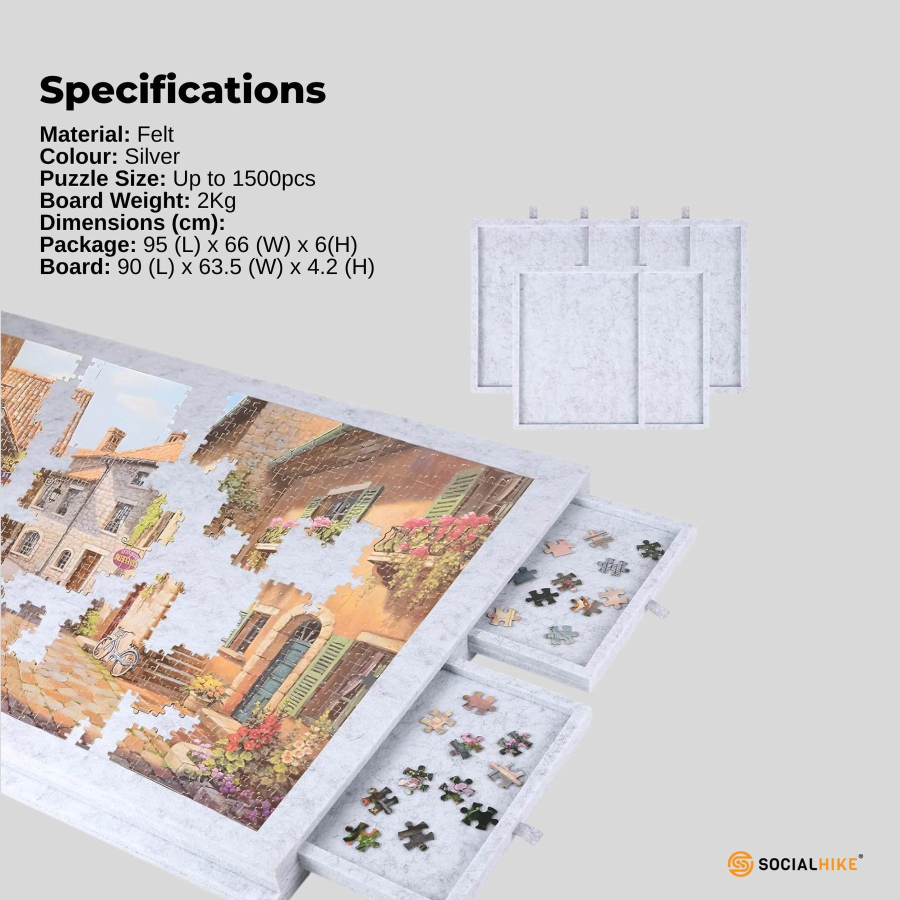 Social Hike 1500 Piece Felt Tilting Puzzle Board Silver with Cover and 6 Drawers