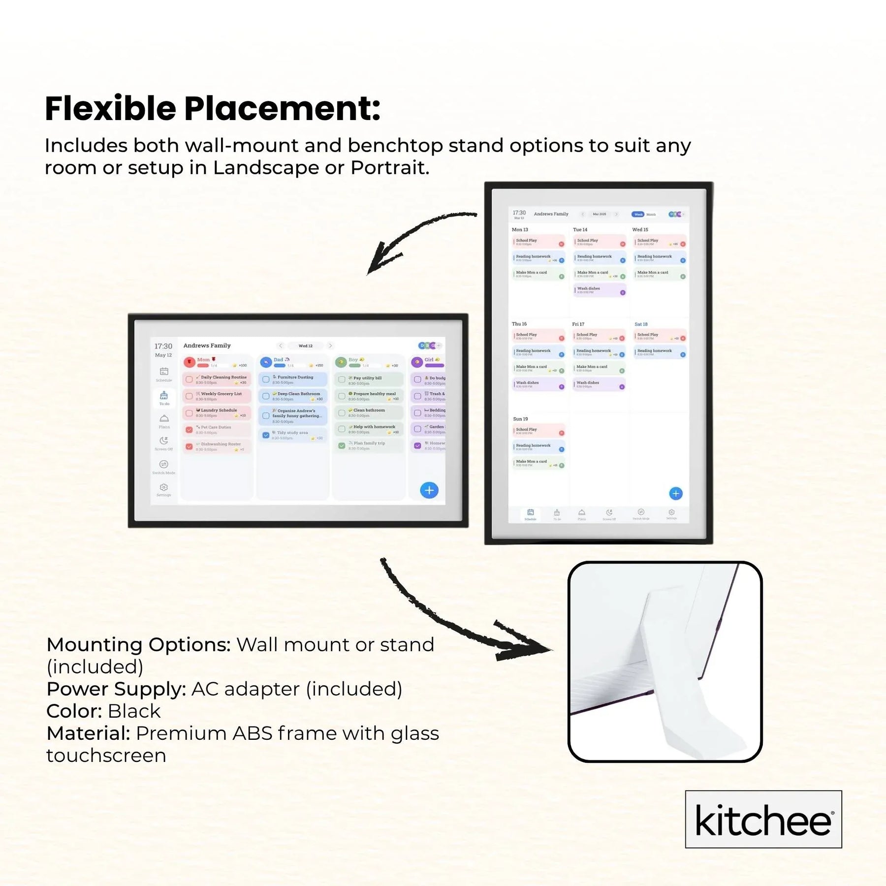 Kitchee 10 Inch Digital Calendar Smart Family Planner – Black HD Touchscreen Organiser