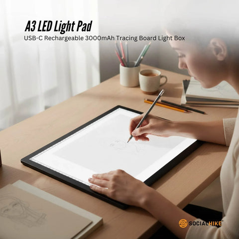 Social Hike A3 LED Light Pad Tracing Board Rechargeable USB-C 3000mAh Light Box - SuperSaverAU - view 2