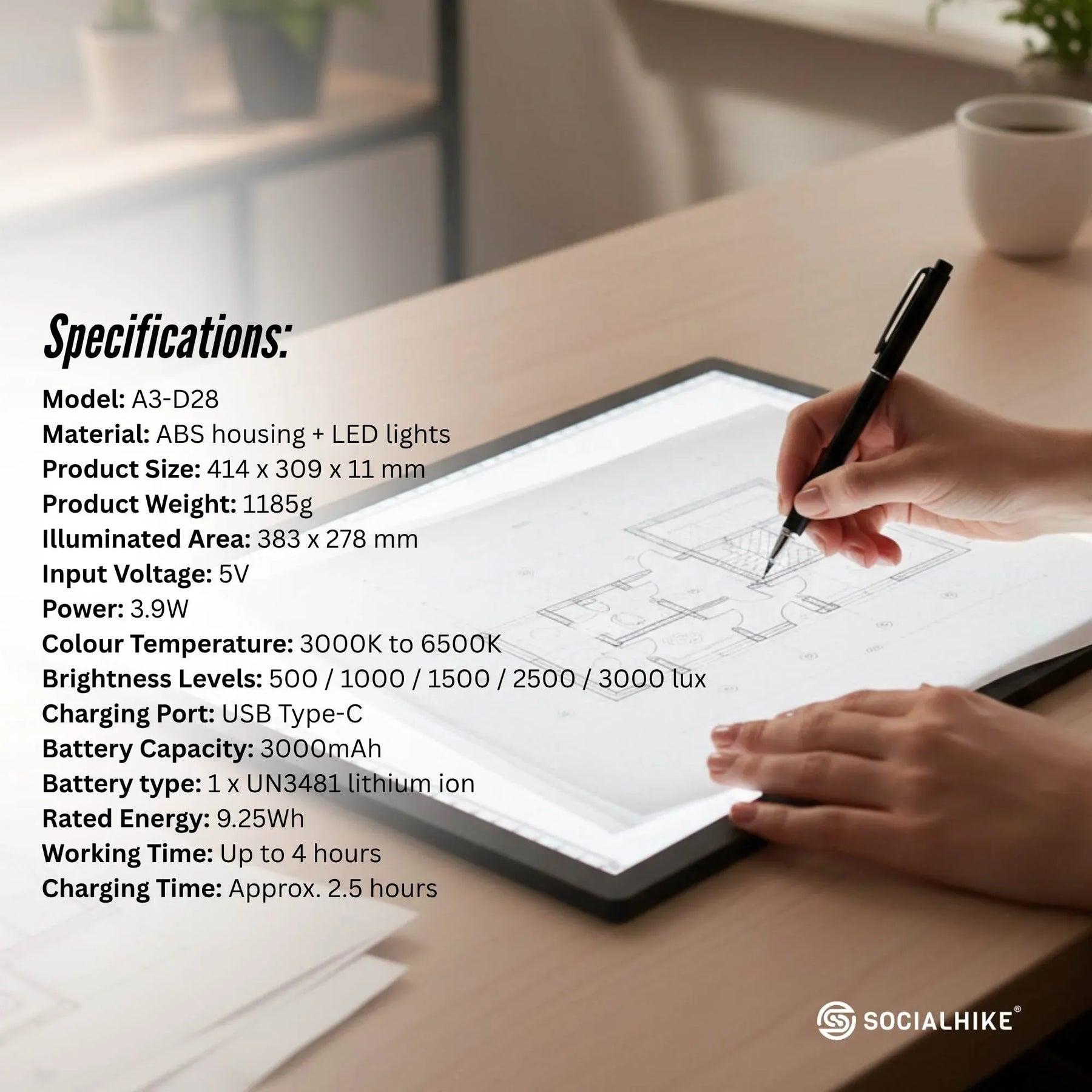 Social Hike A3 LED Light Pad Tracing Board Rechargeable USB-C 3000mAh Light Box - SuperSaverAU - view 8