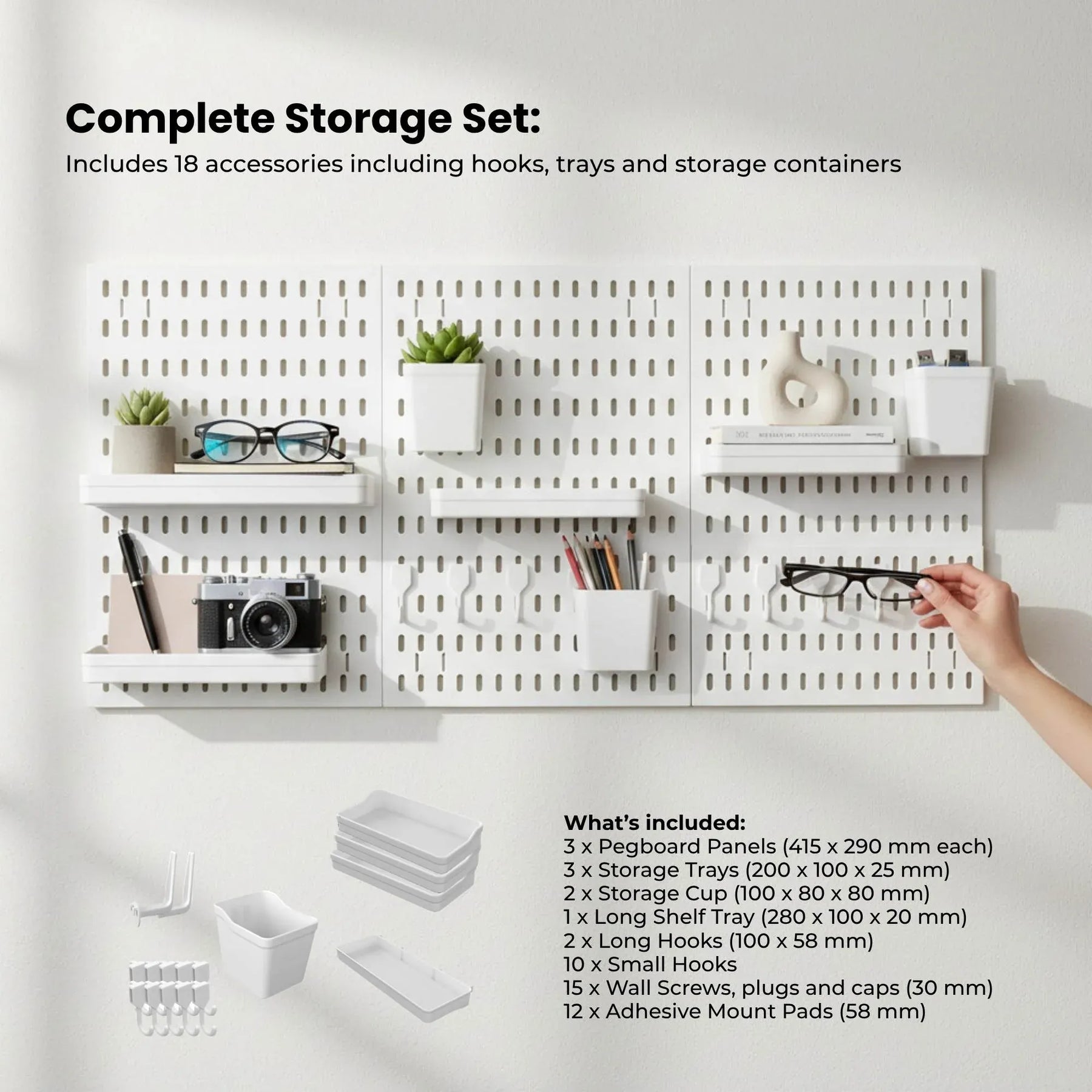 Kitchee Pegboard Wall Organiser Storage Kit 18 Hook and Basket Accessories White - SuperSaverAU - view 5