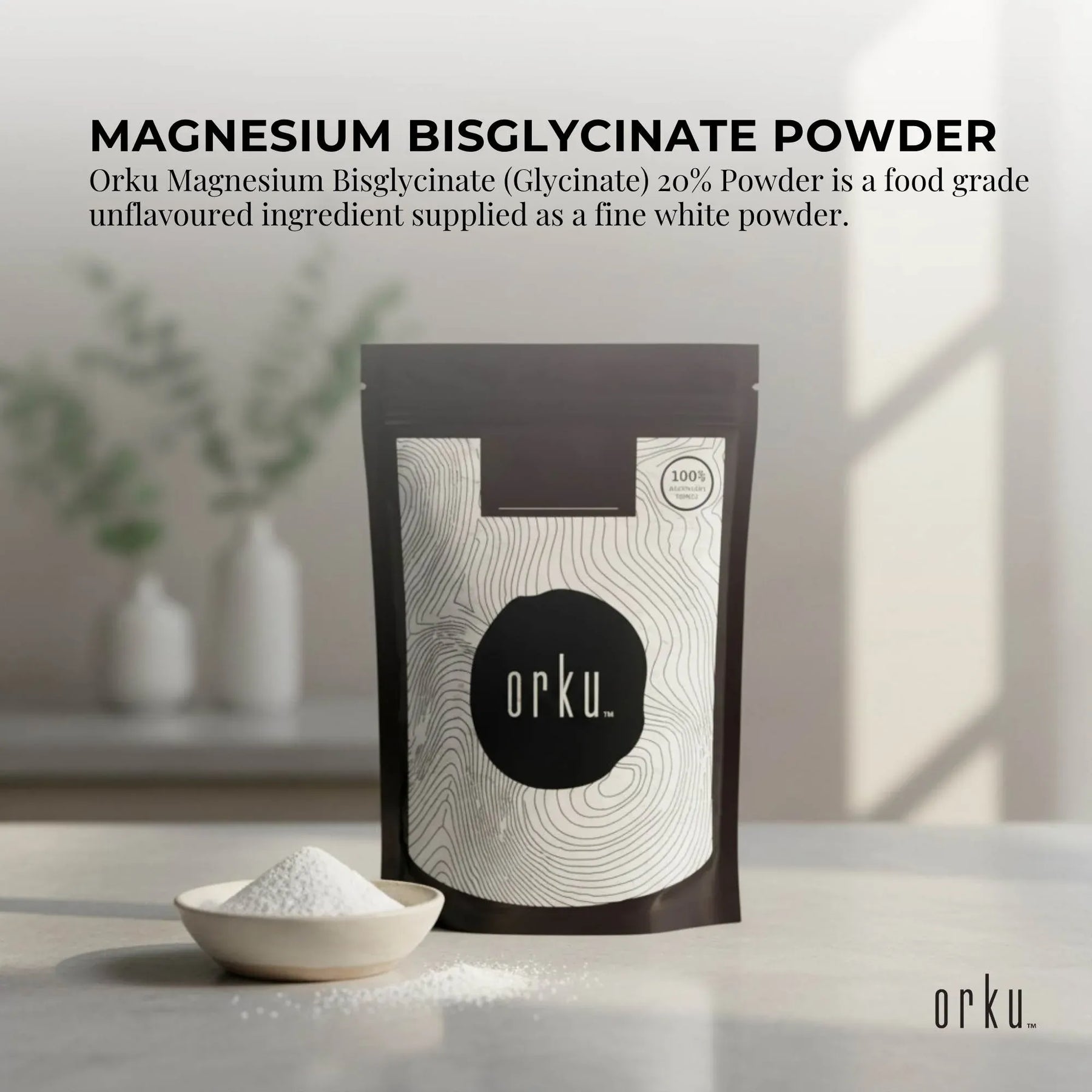 Orku 1Kg Magnesium Bisglycinate Powder Unflavoured Chelated