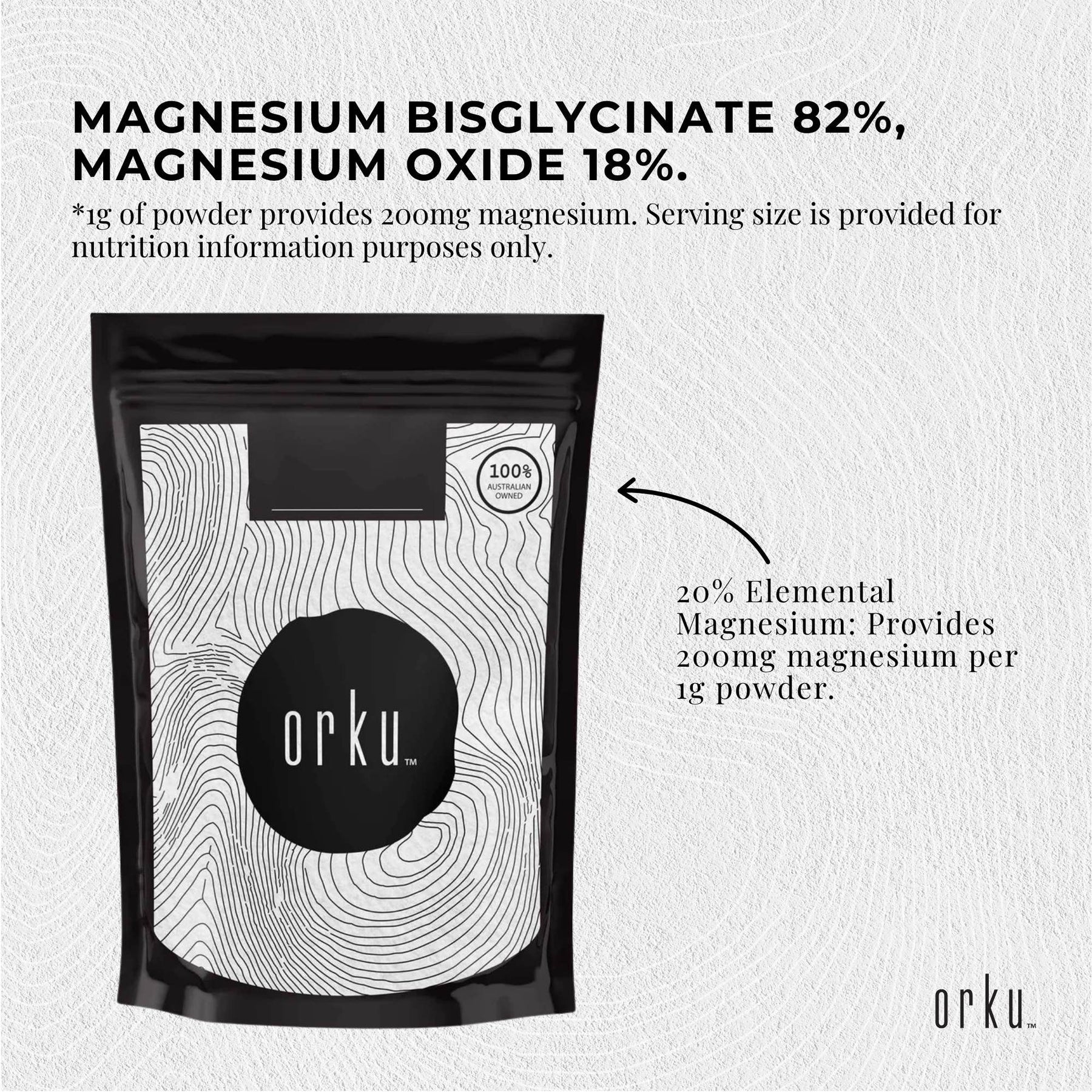 Orku 1Kg Magnesium Bisglycinate Powder Unflavoured Chelated