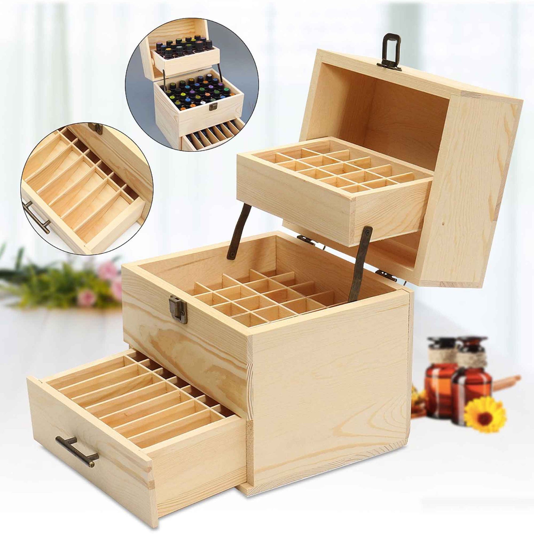 Essential Oils Wooden Storage Box - 59 Slots, 3-Tier, Pine Wood, Natural - SuperSaverAU - view 8