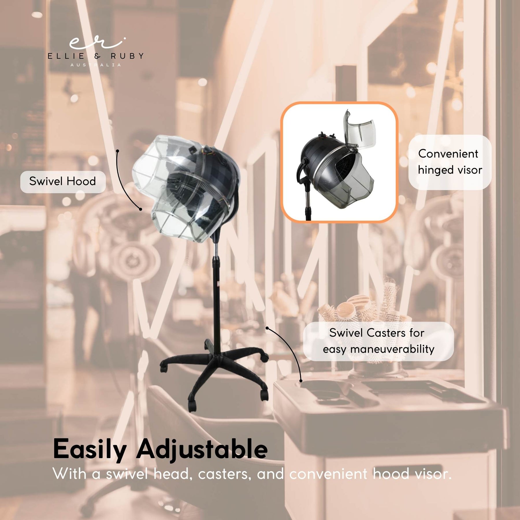 Ellie & Ruby Adjustable Free Standing Salon Hair Dryer Hood 1000W with Timer and Thermostat - SuperSaverAU - view 4