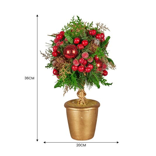 Christabelle 36cm Christmas Tabletop Topiary Tree Pre-Decorated Berries, Baubles & Pine Cones Gold Pot Twisted Stem Festive Decoration