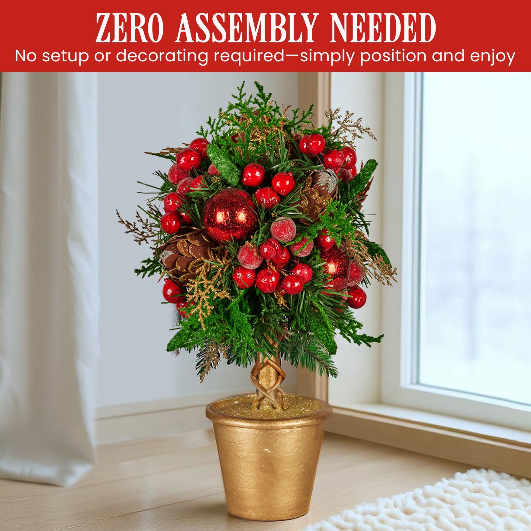 Christabelle 36cm Christmas Tabletop Topiary Tree Pre-Decorated Berries, Baubles & Pine Cones Gold Pot Twisted Stem Festive Decoration - SuperSaverAU - view 3