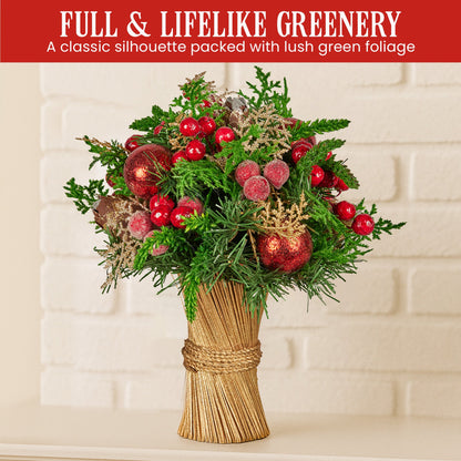 Christabelle 33cm Christmas Bouquet Pre-Decorated Holiday Floral Arrangement with Berries, Baubles & Pine Cones Festive Tabletop Centrepiece Decoration