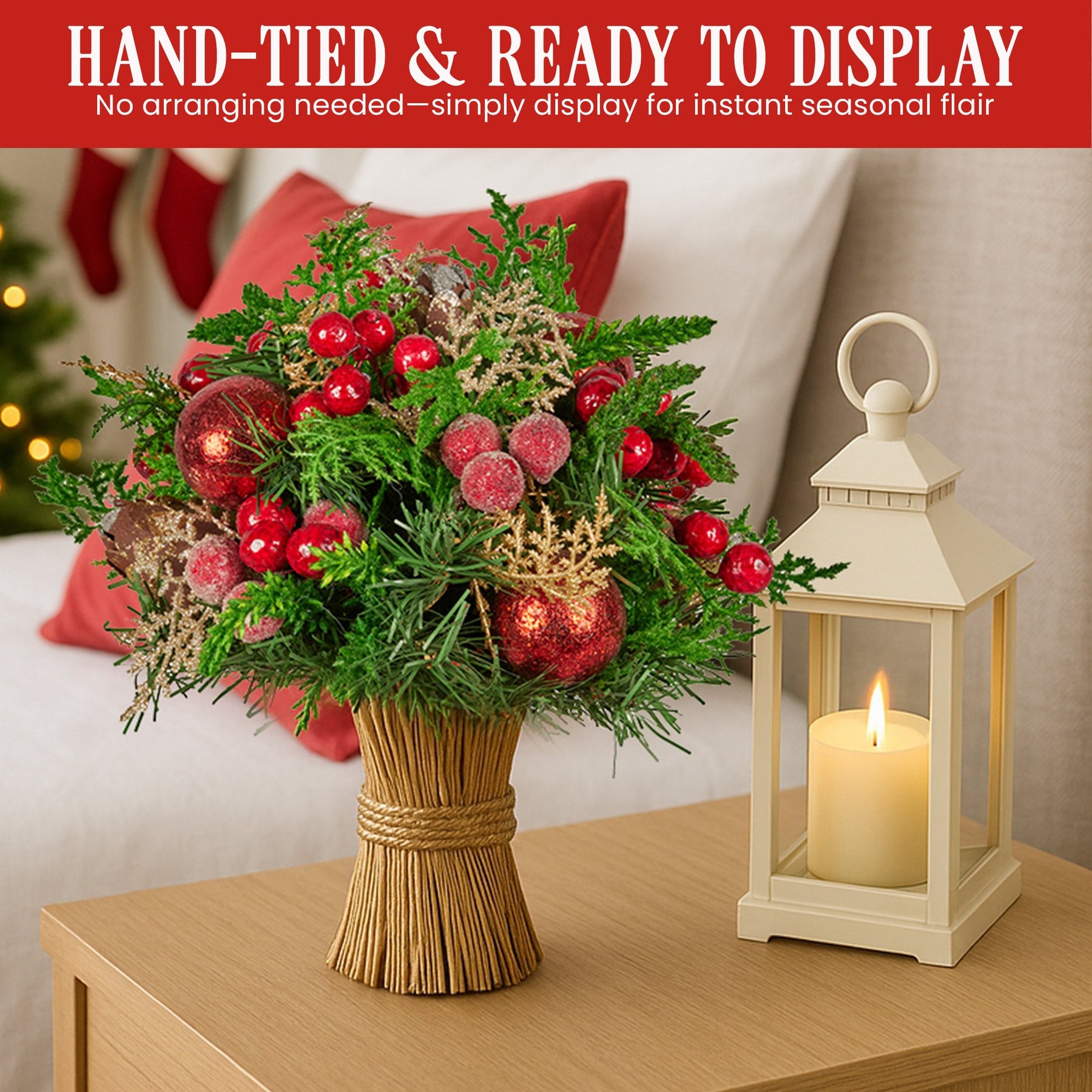 Christabelle 33cm Christmas Bouquet Pre-Decorated Holiday Floral Arrangement with Berries, Baubles & Pine Cones Festive Tabletop Centrepiece Decoration - SuperSaverAU - view 3