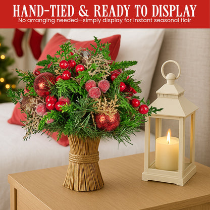 Christabelle 33cm Christmas Bouquet Pre-Decorated Holiday Floral Arrangement with Berries, Baubles & Pine Cones Festive Tabletop Centrepiece Decoration