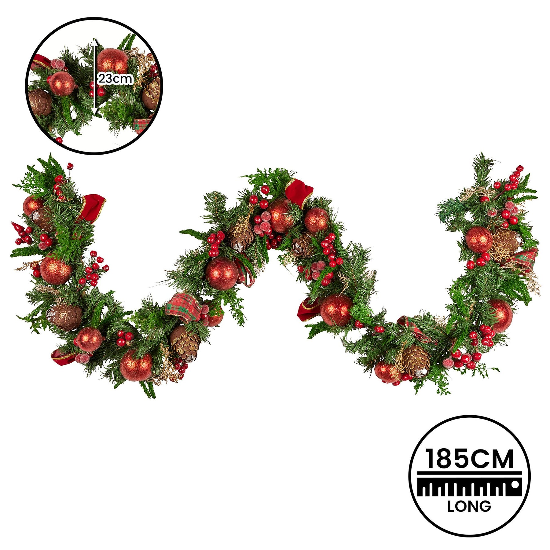 Christabelle 1.85m Christmas Garland with Red Berries Pine Cones Baubles Bows Tree Decoration Ornament - SuperSaverAU - view 3